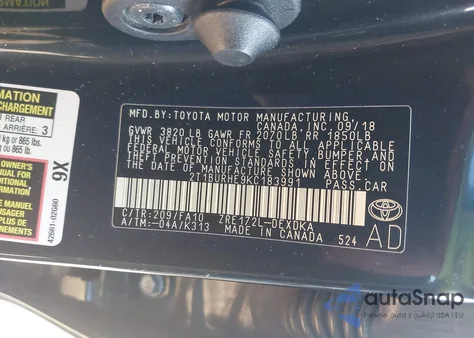 2019 Toyota Corolla L z USA, uszkodzony, nr VIN 2T1BURHE9KC183991